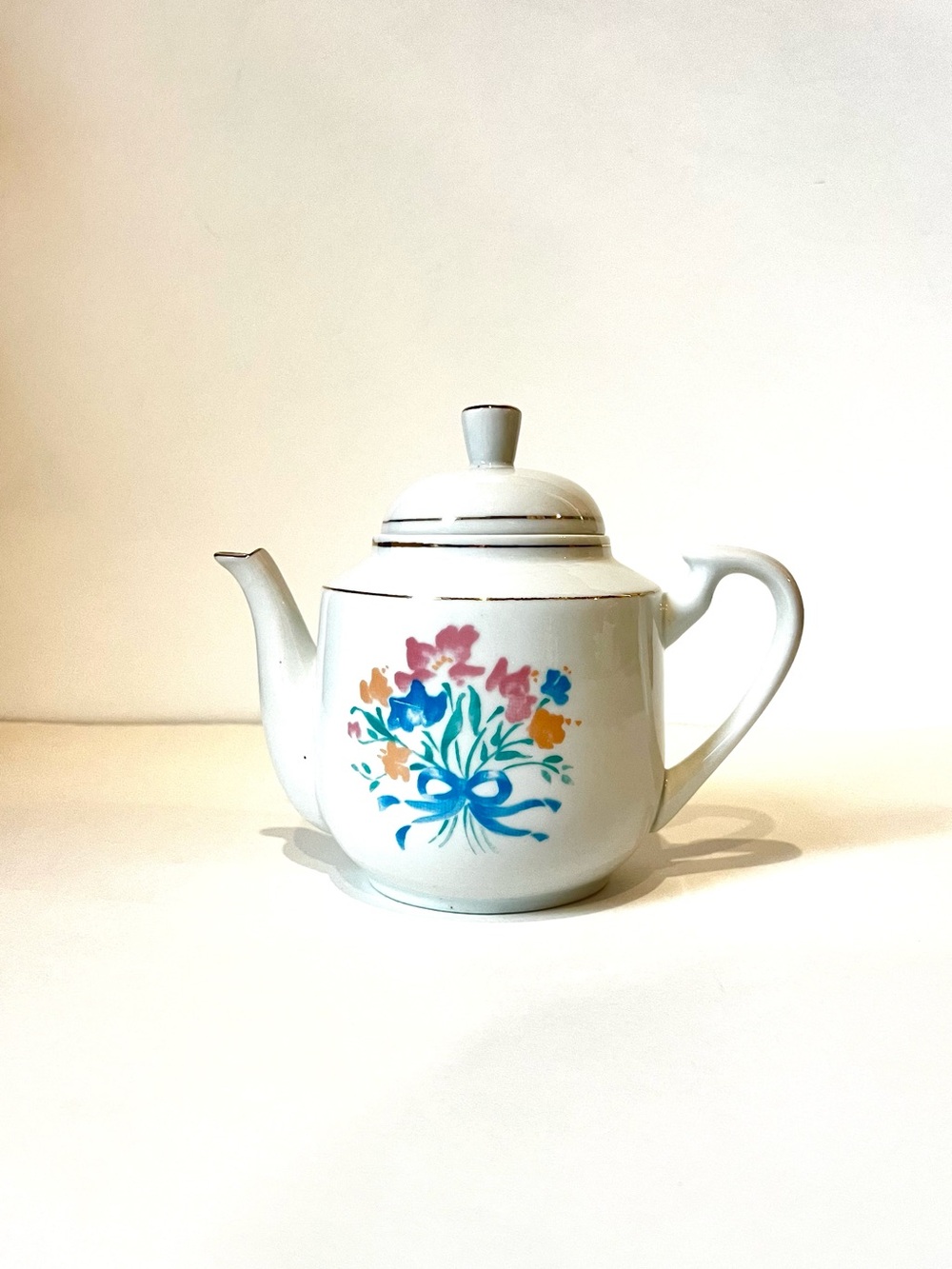 Vintage 70-80’s Porcelain Teapot - Floral with Blue Ribbon & Gold Cottagecore